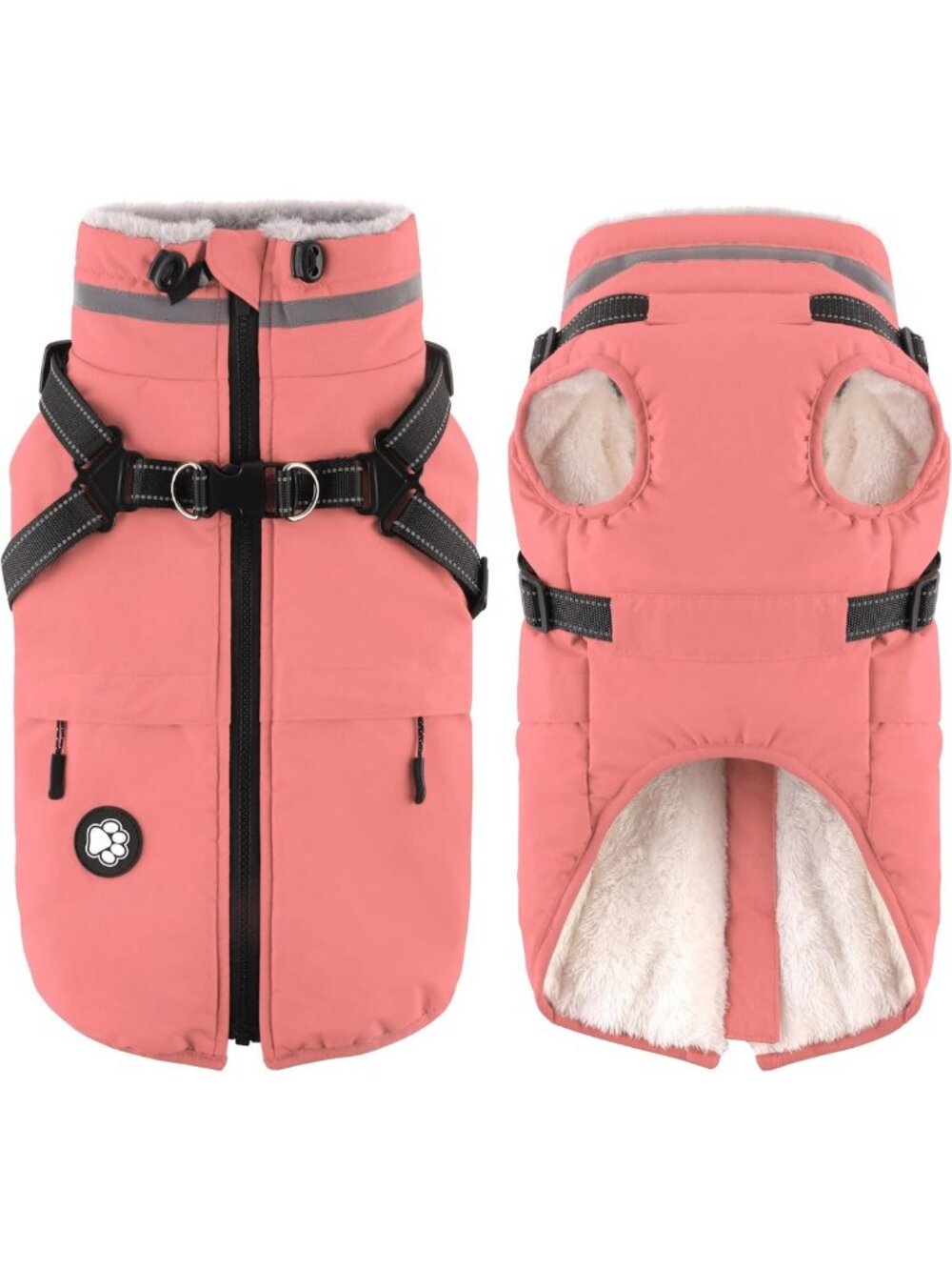 Cozy Light Pink Dog Winter Coat with Harness, Fleece Jacket for Small Dogs, XS